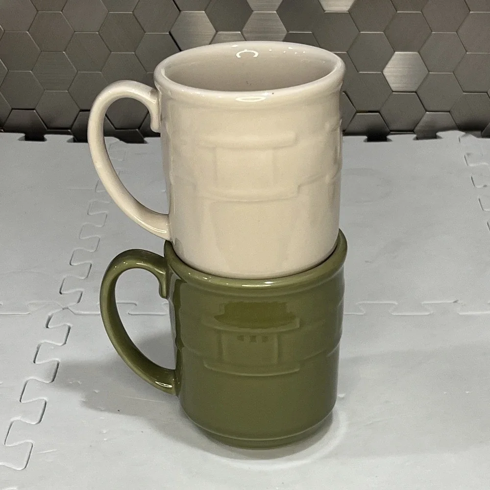 Longaberger Pottery Coffee Mugs Woven Traditions Set 2 USA Vintage Cream Green - Picture 12 of 12